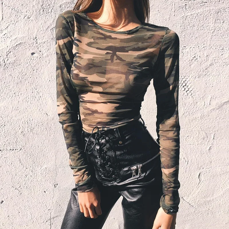 

Sexy Women Camouflage T-shirt Summer Casual See Through Mesh O-Neck Long Sleeve Crop Tops NGD88