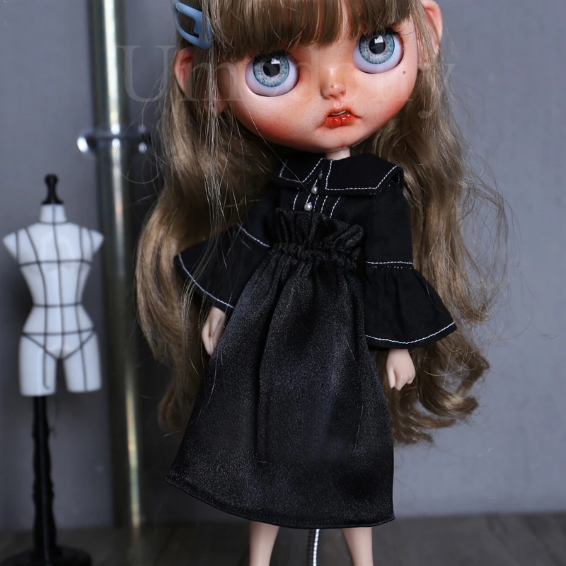 1 шт. Ретро черная атласная юбка для Blythes, OB24, Azone S кукольная одежда Blyth Кукла одежда бабочка рукав рубашка аксессуары