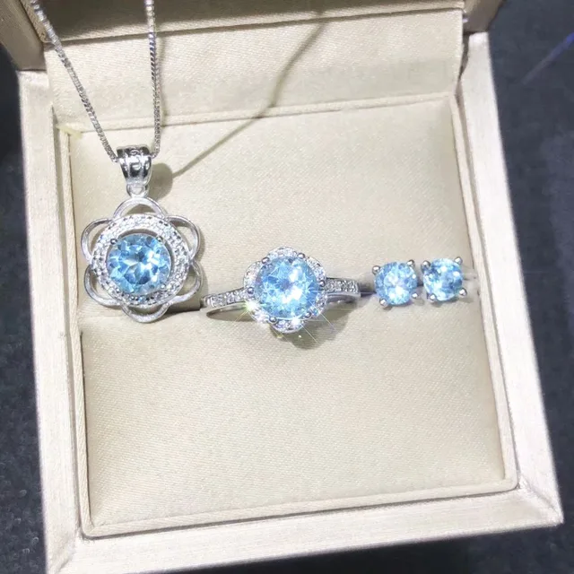 Light Blue Crystal Bridal Set Aquamarine Stone Jewelry Necklace Ring Light Blue Crystal Bridal Set Aquamarine Stone Jewelry Necklace Ring Earrings For Woman