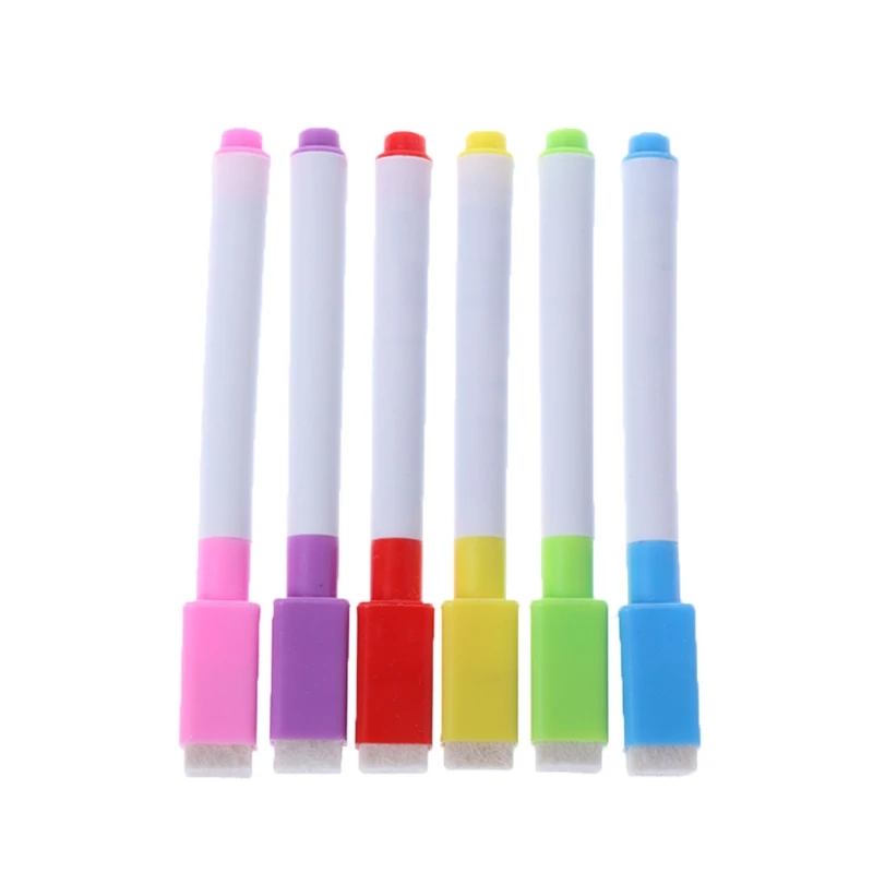 

6Pcs/Set Brand New Whiteboard Pen Erasable Dry White Board Markers Built In Eraser Office School Supplies