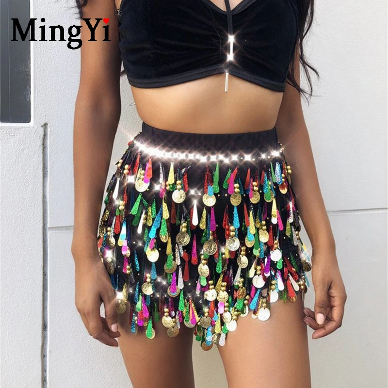 

Colorful Sequin Short Skirt Multilayer Tassel Fringe Sequins Mini Sexy Night Club Carnival Festival Party Dance Skirts For Girls