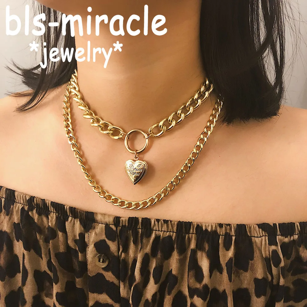 

Bls-miracle Punk Lover's Heart shape Choker Necklace Boho Clavicle Golden Thick Chain Necklace Collier Valentine's Day Gift 2019