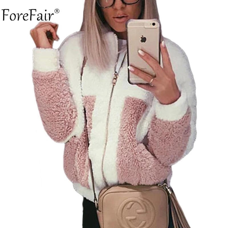 Forefair Autumn Fleece Jacket Women Korean Casual Teddy Fur Pink White Coat Plus Size Women Winter Jackets