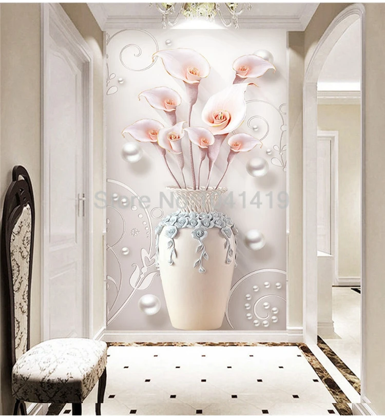Пользовательские самоклеющиеся водонепроницаемые холст настенная бумага 3D стерео ваза цветы фото обои Гостиная вход домашний декор