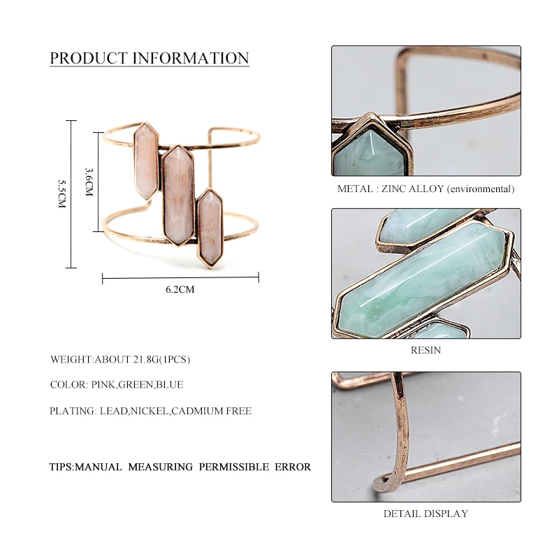 Женские браслеты-манжеты в богемном стиле, винтажные, античные, золотые, розовые, синие, зеленые, из смолы, в форме пули, очаровательные браслеты
