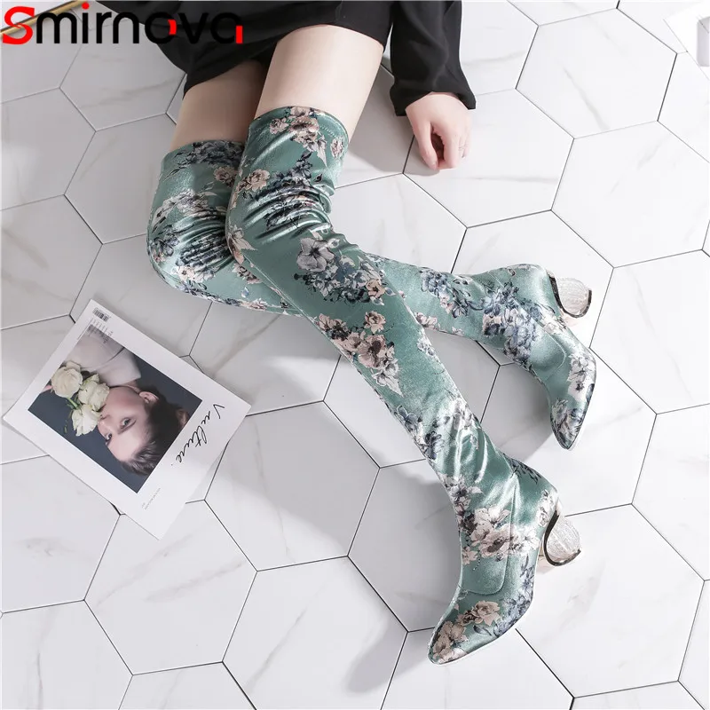 

Smirnova over the knee boots women square toe silk printing autumn winter boots thick high crystal heels shoes women boots 2019