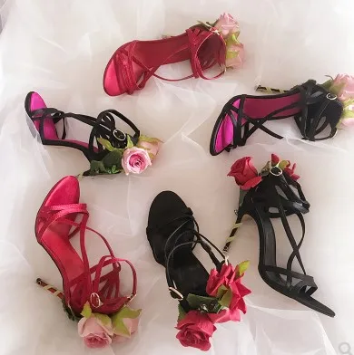 Sweet Red Rose Flower Sexy Dress Wedding Shoes Women Cross Lacing Ankle Strap Peep Toe High Heels Sandals Floral Shoes Woman 42 Women's Shoes