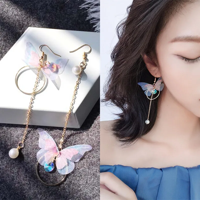 

2019 Korea retro asymmetrical exquisite butterfly imitation pearl alloy long wings earrings for women's best gift