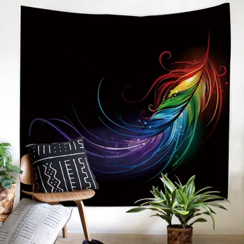 

Colorful feathers Wall hanging Black bottom Tapestry decoration Home comfortable High-quality Tapestry twin full queen size