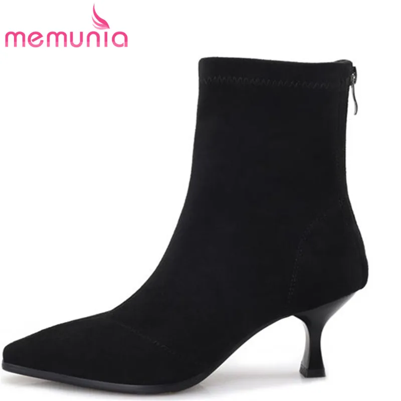 

MEMUNIA new fashion autumn winter ankle boots for women square toe flock boots sexy med heels comfortable ladies shoes