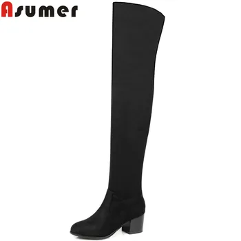 

ASUMER black brown fashion women boots square heel flock ladies boots round toe zipper autumn winter sexy over the knee boots