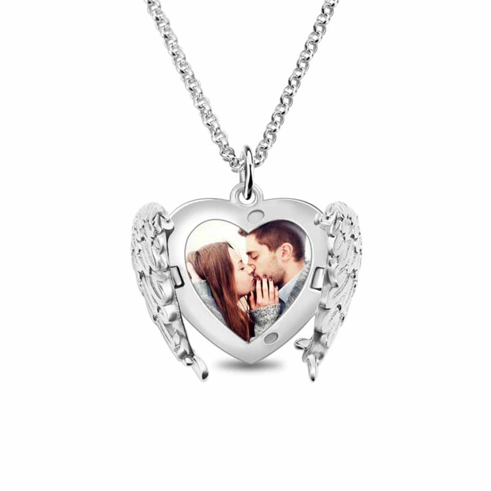 

Sweey Wholesale Mom Necklace Engravable Angel Wings Heart Photo Locket Necklace Mother's Day Gift Best Gift for Women/Wife/Nana