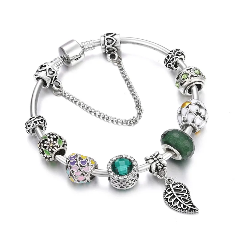 

High Quality Silver Charm Bracelet Bangle Green Leaf Tree Crown Queen Jewelry Fit Fashion Pendant Jewelry Bangles Bohemia DIY