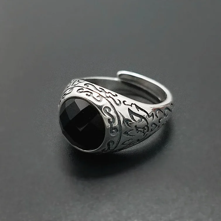 

Natural Black Onyx Stone Solid Silver 925 Rings Men Tail Ring Vintge Byzantine Vine Cuff Band Real 925 Sterling Silver Jewelry