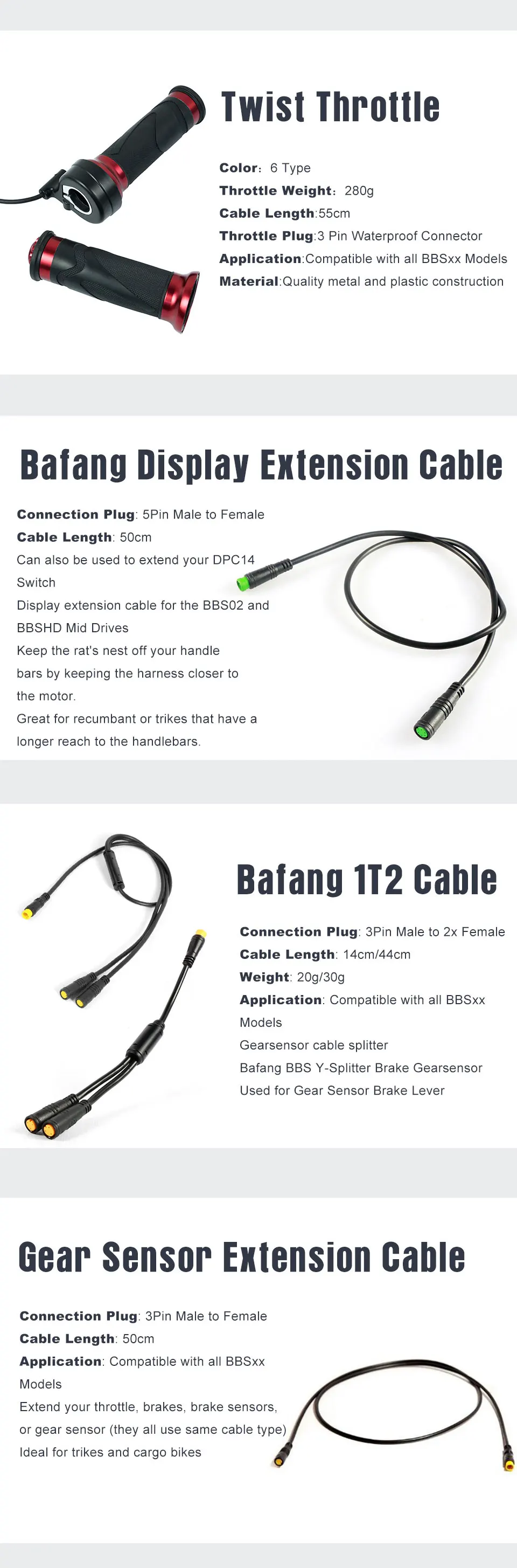 Excellent BAFANG Motor Parts Gear Sensor Display Extension Cable USB Programming Cable Y-Splitter Brake Gearsensor Twist Throttle 6V Light 1