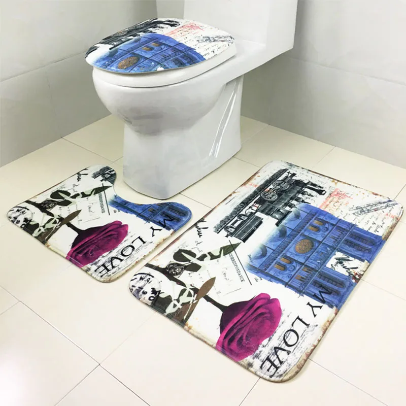 Three Piece Toilet Carpet Coral Fleece Eiffel Tower Printed Bath Mat