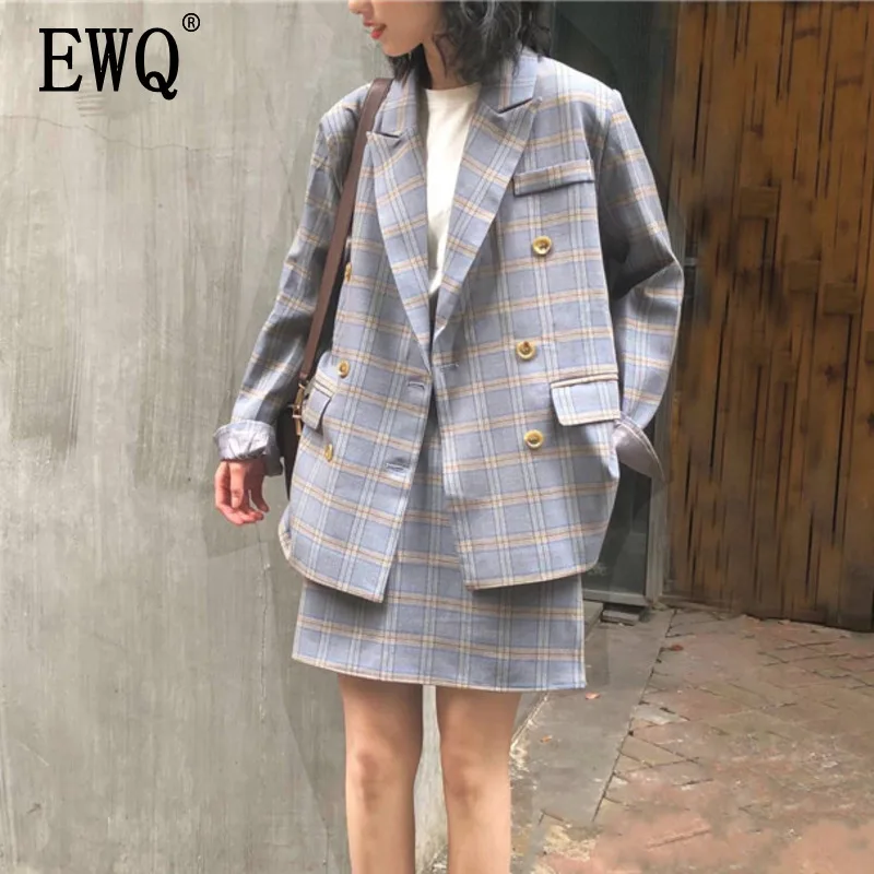 

[EWQ] Spring autumn new England Style Notched neck Long sleeve plaid double coat suit loose feminino jacket femme 2019 QJ28902