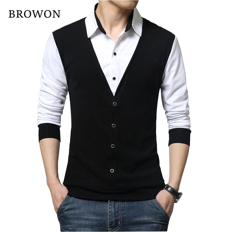 Comprare BROWON di Marca di Autunno Mens T Camicette di Modo 2019 Falso in Due Designer di Abbigliamento Fresco T Shirt Da Uomo A Maniche Lunghe T Camicia casual maschio