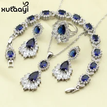 XUTAAYI, высокое качество, 925, серебряные ювелирные наборы, синий, создан сапфированный, безупречное ожерелье/кольца/серьги/браслет для женщин