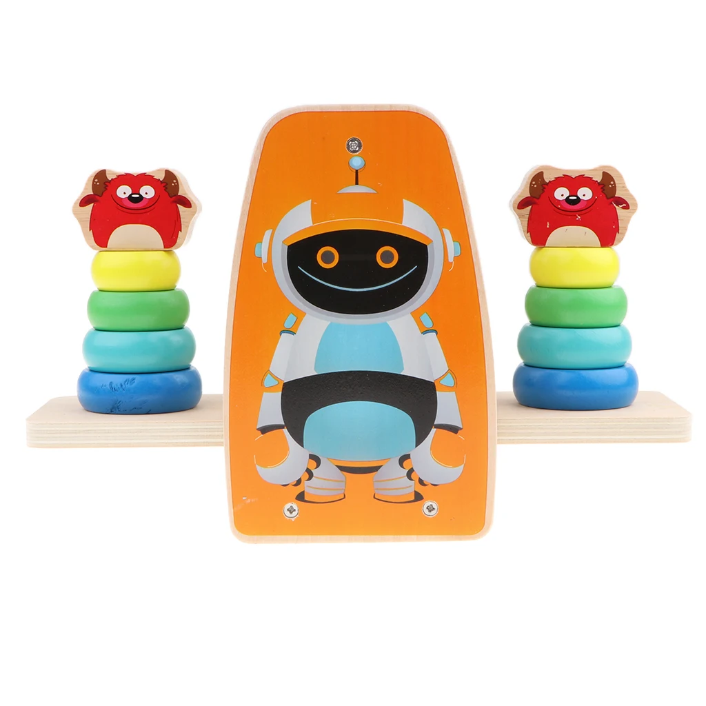 Kid Baby Wooden Ring Blocks Balance Scale - Stacking Rainbow Tower Educational Toy Color Shapes Developmental Puzzle