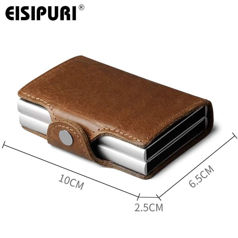 EISIPURI Men Genuine Leather double Metal Credit Card Holder Aluminium RFID Blocking Wallet Hasp Mini Vintage Wallet Hold Cards wallet card holder credit card holder