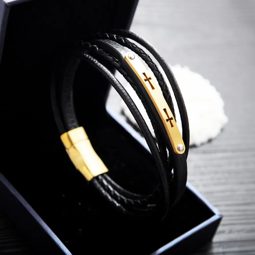 FATE LOVE New Male Men Statement Wrap Bracelets & Bangles Jewelry Black PU Leather Cross Wristlet Fashion Jewelry