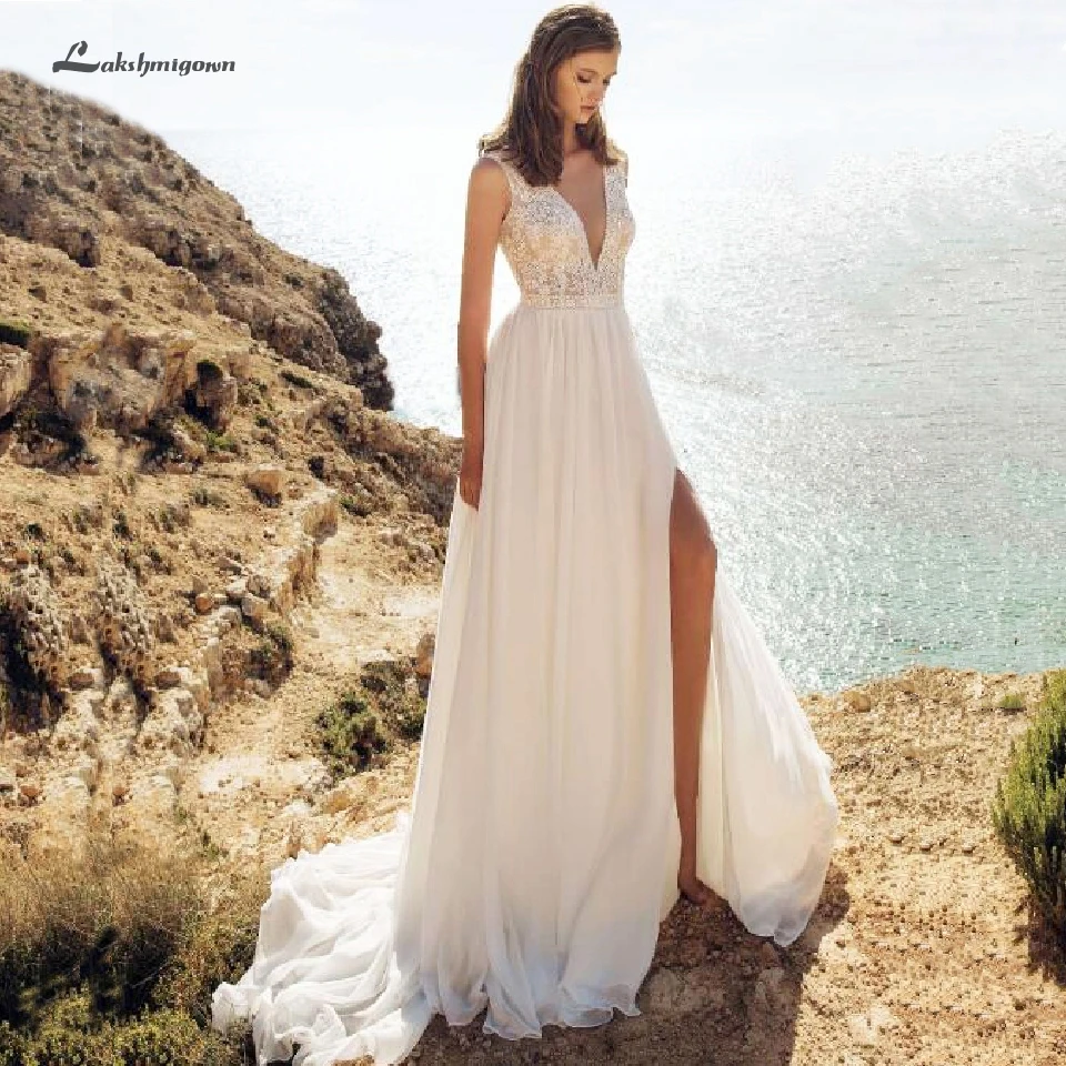 

Lakshmigown Sexy Mariage Beach Wedding Dress Boho Open Back Summer Wedding Dress 2019 Side Split Chiffon Bridal Gown Lace Top