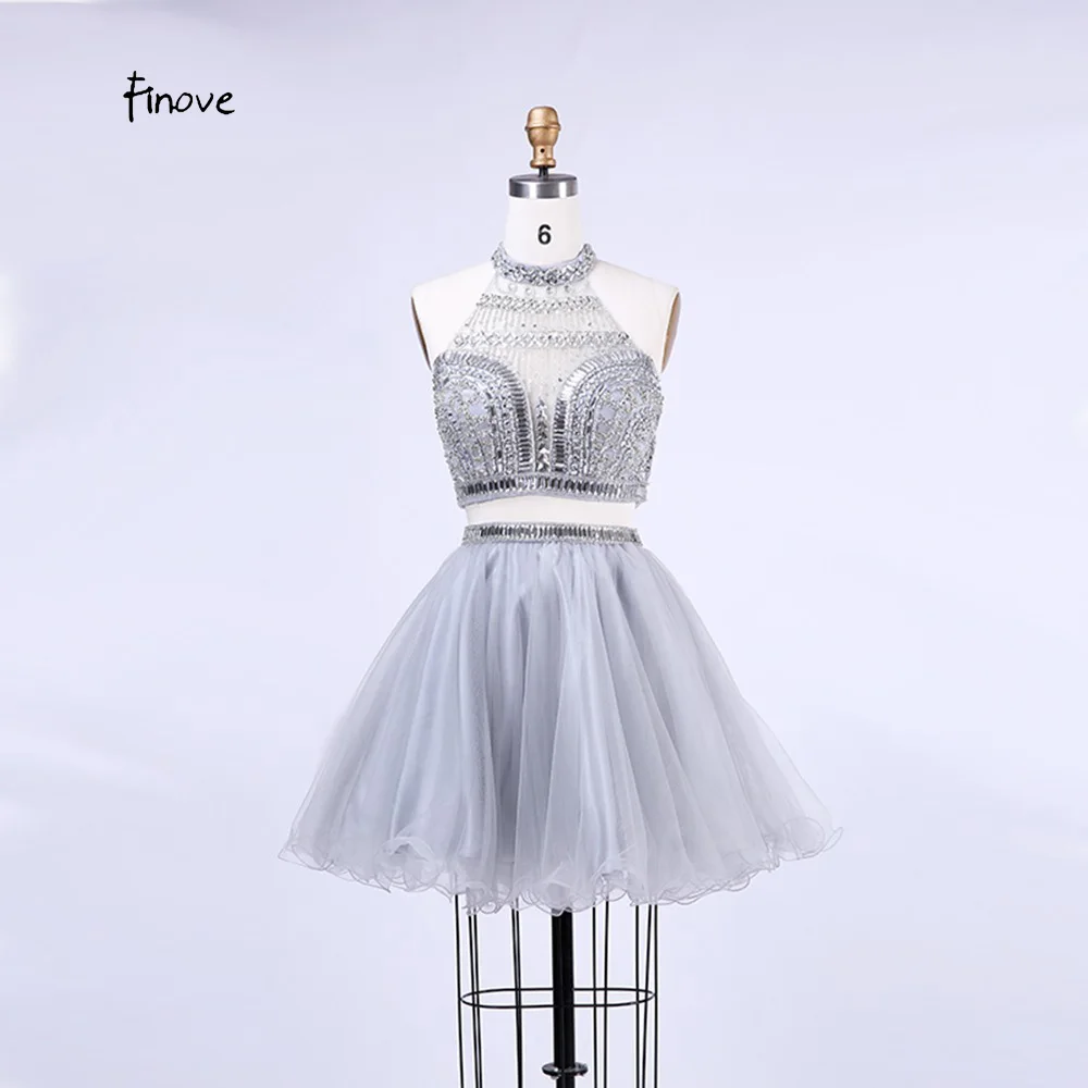 

Finove Two Pieces Short Homecoming Dresses with Halter Backless Crystal Beading Tulle Short Prom Dresses Vestido de Feasta