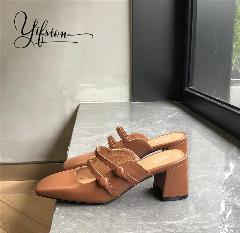 Neue Frau Echtem Yifsion as Pic As Sommer Maultiere Leder Frühling Frauen Hausschuhe Karree Starke Ferse Schuhe Pic Ywttpd