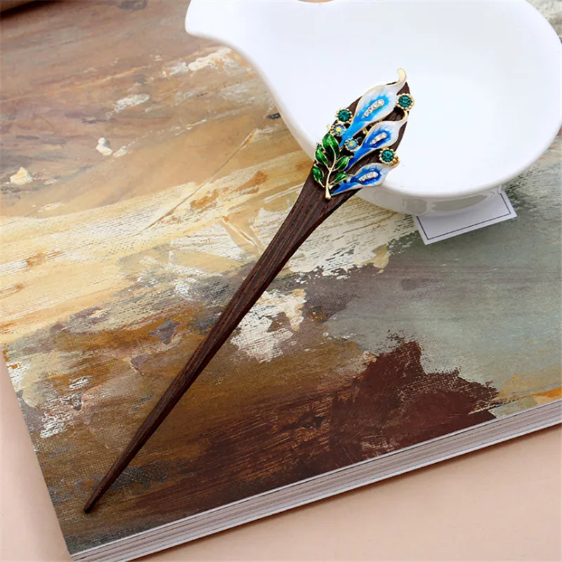 

Vintage Wood Hairpin Ornaments Bride Wedding Hair Accessories Enamel Colorful Flowers Hair Sticks Forks New Fashion Hair Jewelry