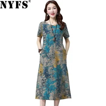

NYFS 2020 New Summer Dress Vintage Cotton Linen Printing Long Dress Vestidos Elbise Robe M-4XL Size
