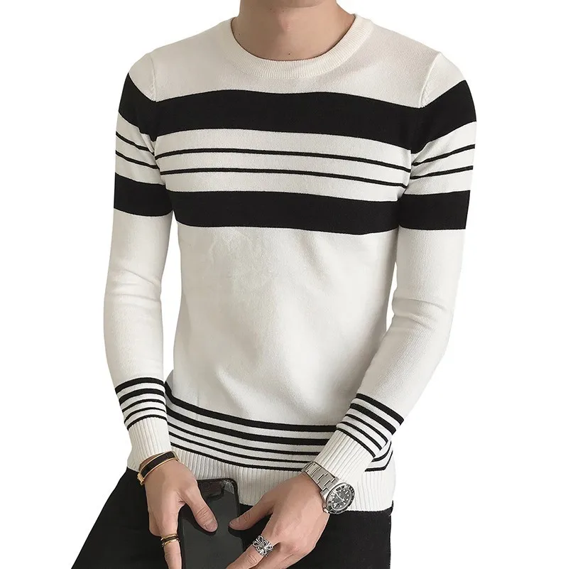 

Pattern Stripe Sweater Men Sueter Hombre Black White Slim Fit Pull Home Erkek Kazak Trui Heren Chompa Hombre Knitted Sweater