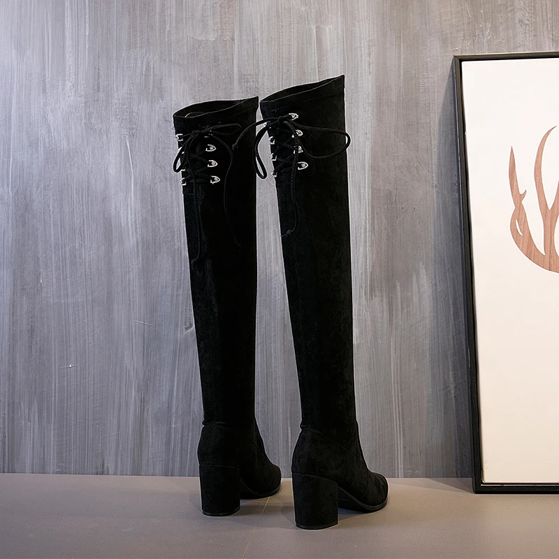 

New Women boot fashion Suede Women Over The Knee Boots Lace Up Sexy High Heels Shoes Woman Slim Thigh High Boots Botas