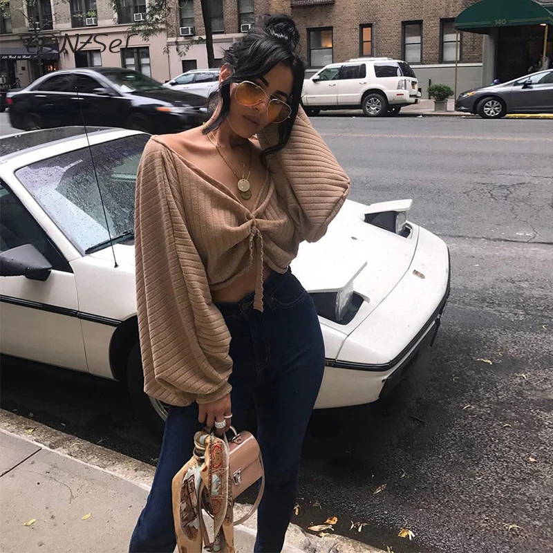 

Sexy Off Shoulder Blouse Tops Women Autumn Khaki Elegant Lantern Long Sleeve Loose Knitted Cotton Blouse Lace Up Crop Top Club
