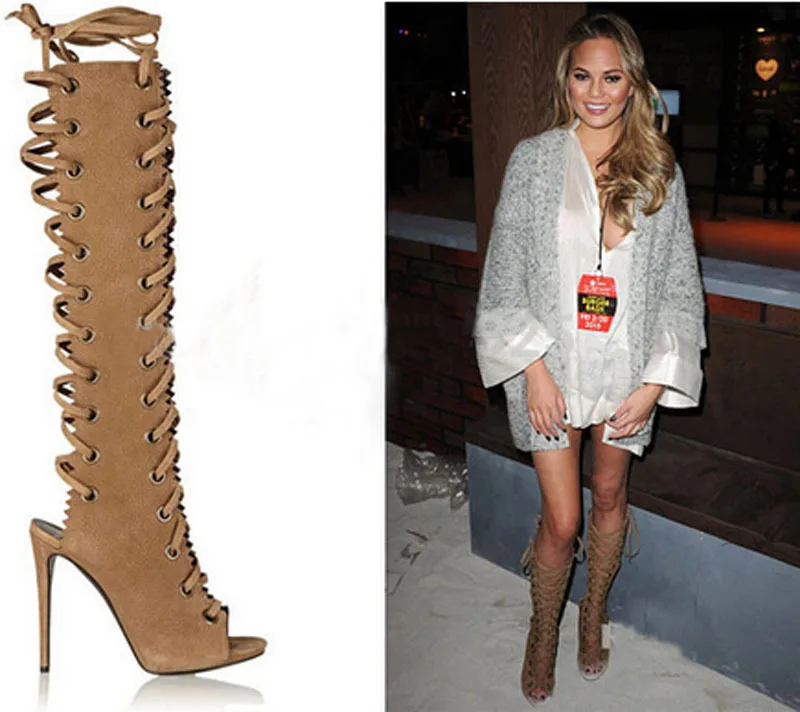 hot selling open toe cut-outs over the knee high heel sandal boots lace up gladiator boots