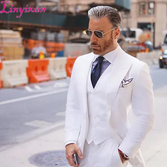 

Linyixun Wide Peaked Lapel Men Suits for Wedding Tuxedos 2018 White Groom Best Man Blazer jacket 3 Pieces Smart Casual Business