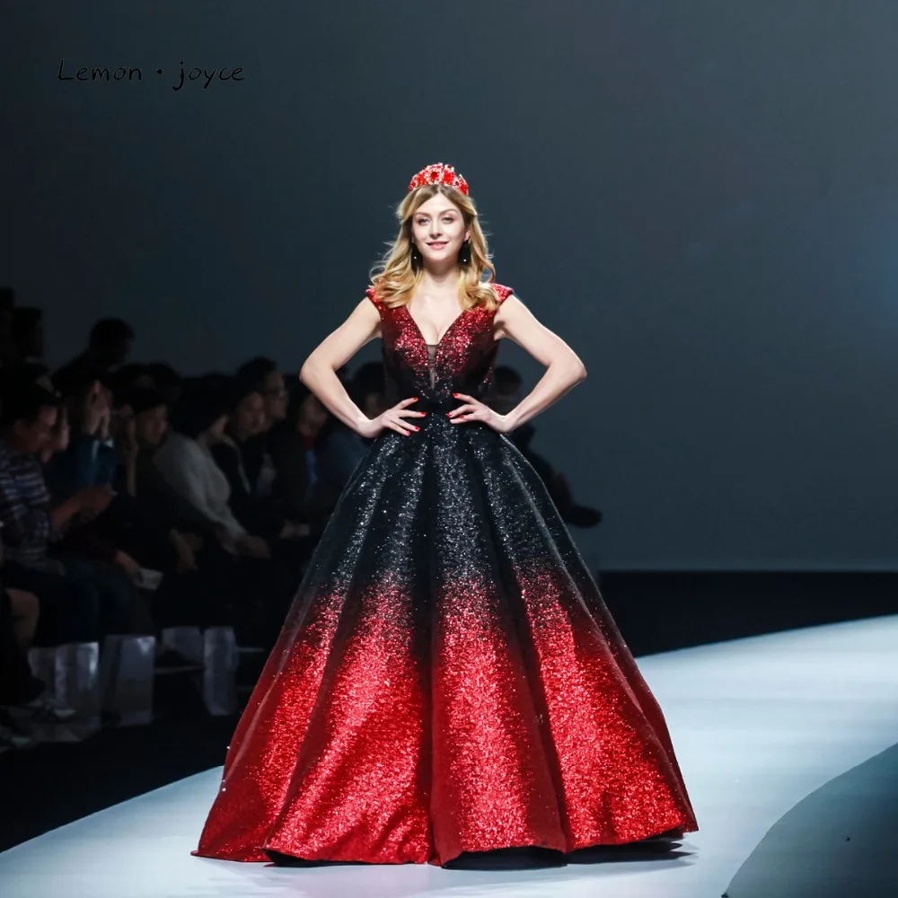 

Elegant Prom Dresses 2019 V-neck Sequined Sexy Backless Evening Ball Gowns Formal Maxi Long Party Dress Black&Red