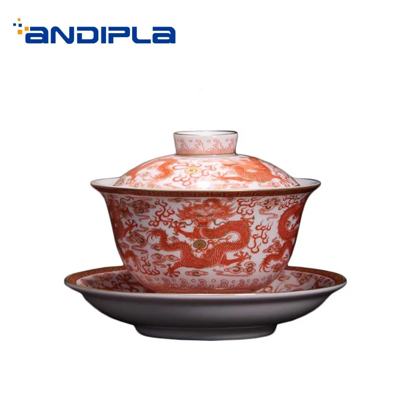 

200ml Jingdezhen Gaiwan Hand Painted Dragon Pattern Ceramic Porcelain Tea Bowl with Lid Saucer Tea Ceremony Art Decor Collection