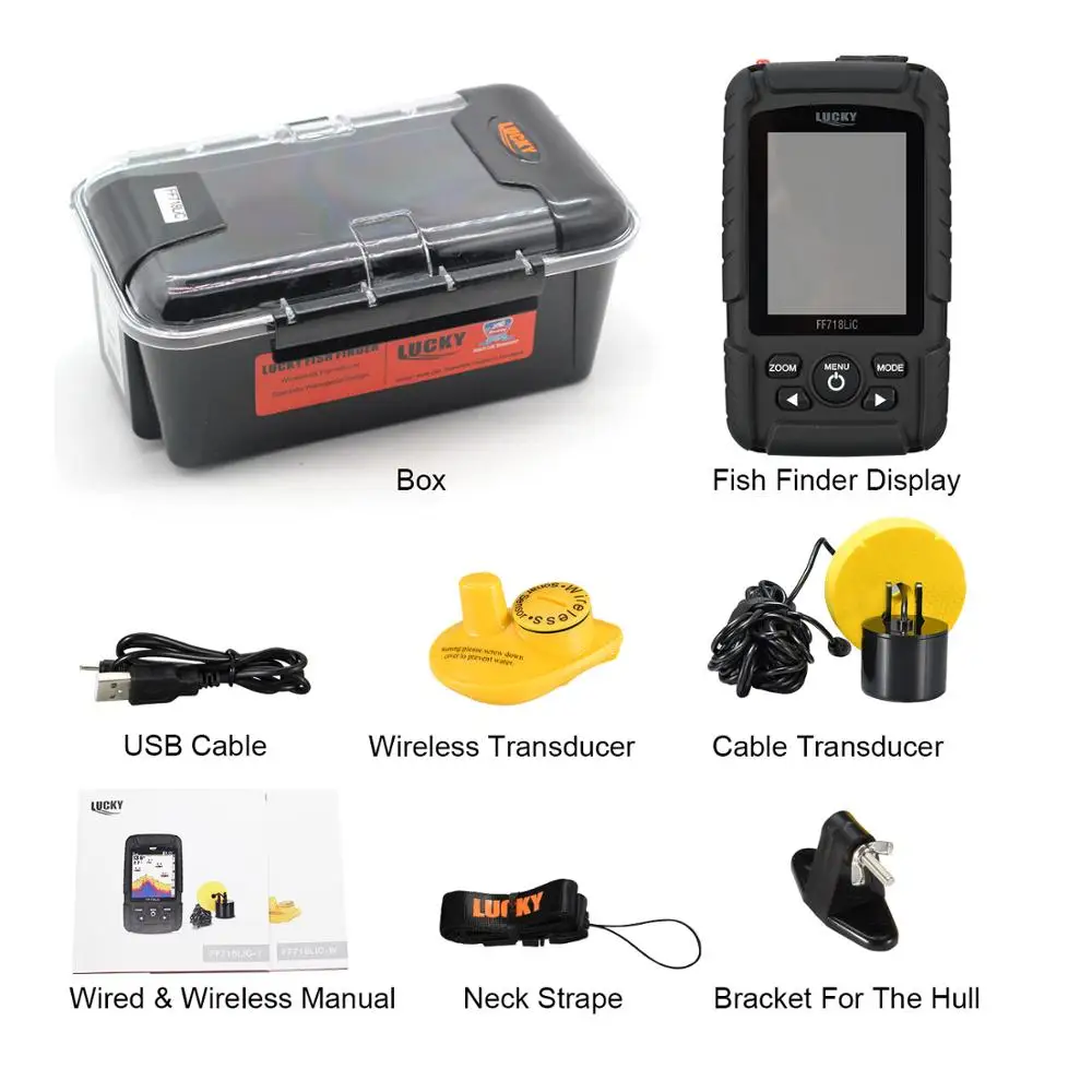 Lucky FF718LiC Real Waterproof Fish Finder Monitor 2-in-1 Wireless Sonar Wired Transducer echo sounder