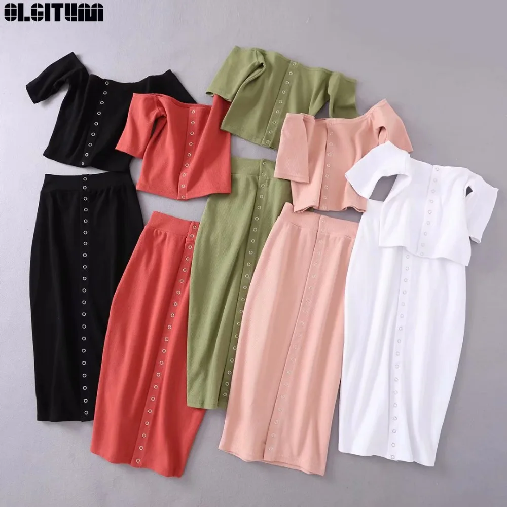 

Set Women Solid Knitted Front Button 2 Piece Suit Slim Crop Top and Skirt Set Female Knee Length Outfit Two Piece Set WS132