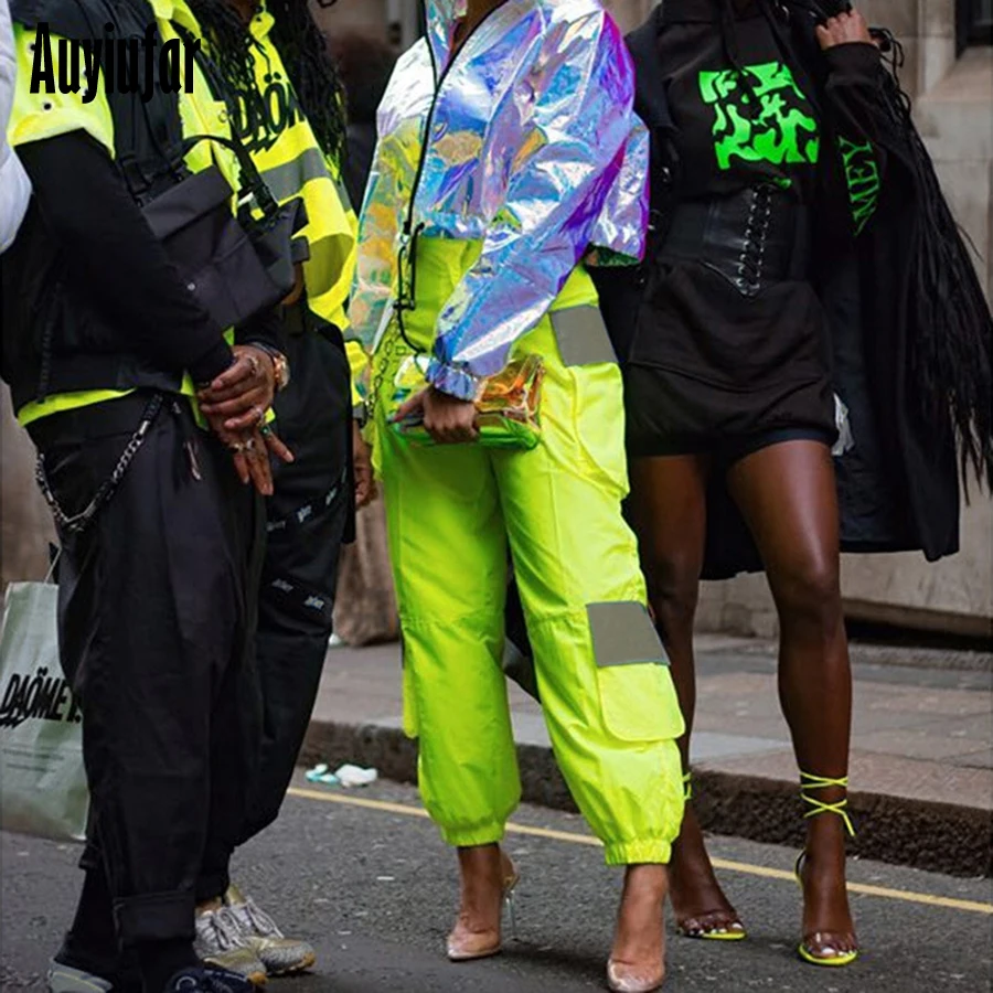 Auyiufar Neon Reflective Pants Streetwear Cargo Pants Women