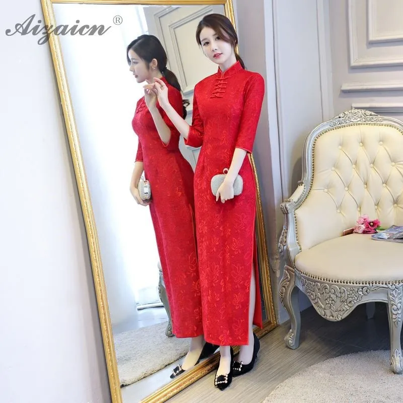 Новинка весны кружево Длинные Cheongsam современный красный невесты платья для женщин Qi Pao для традиционное китайское свадебное платье тонкий