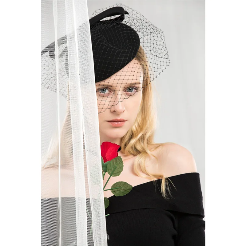 FS вуалетки, шерсть, фетр, Коктейльная шляпа для женщин, элегантная, розовая, для девушек, свадебное платье, чай, вечерние, Pillbox, шерсть, Pillbox, Fedoras - Цвет: Black Pillbox hat