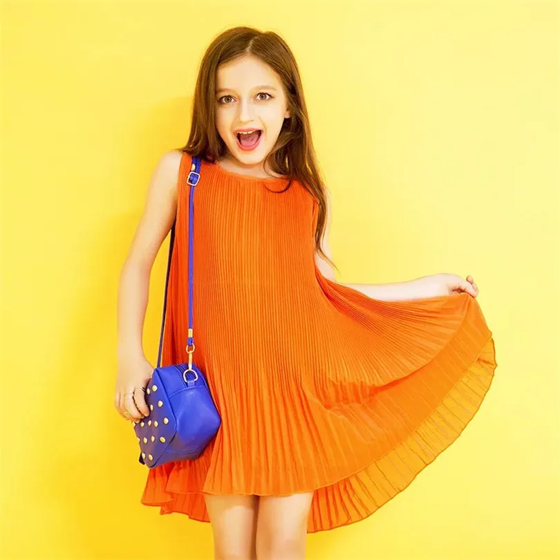 Girls Orange Pleated Chiffon Dress O neck Sleeveless Children Kids