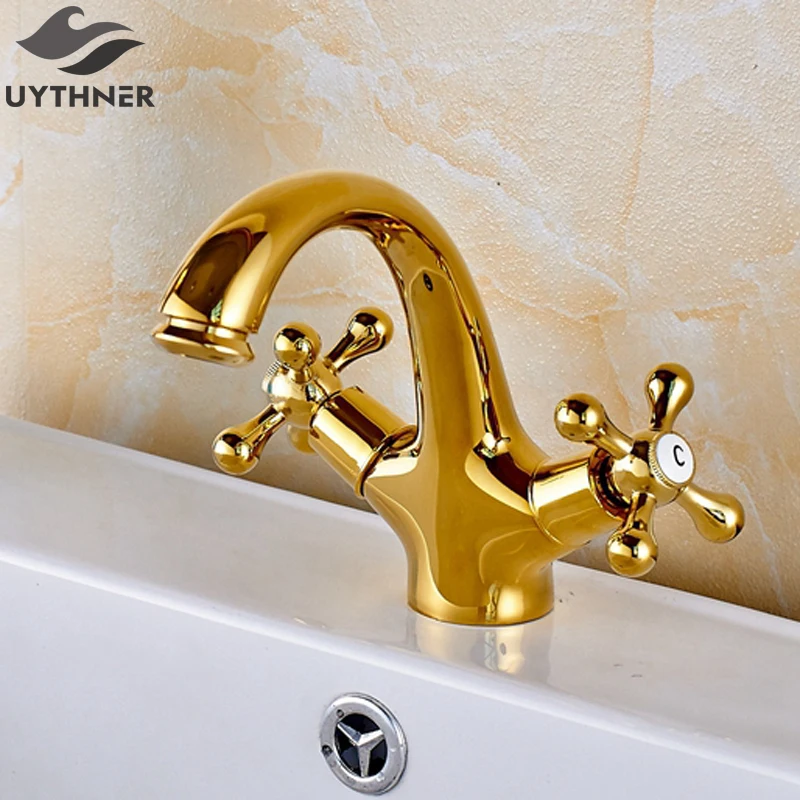 

Uythner Free Shipping Golden Polish Mixer Faucets Deck Mounted Single Hole Crossed Handles