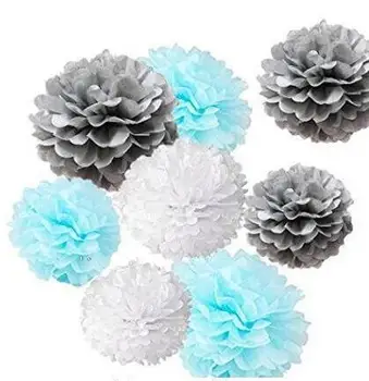 

18pcs Mixed Sizes 8'' 10'' 14'' Tissue Paper Pom Poms Flower Wedding Party Baby Boy Room Nursery Decor (White Baby Blue Gray)