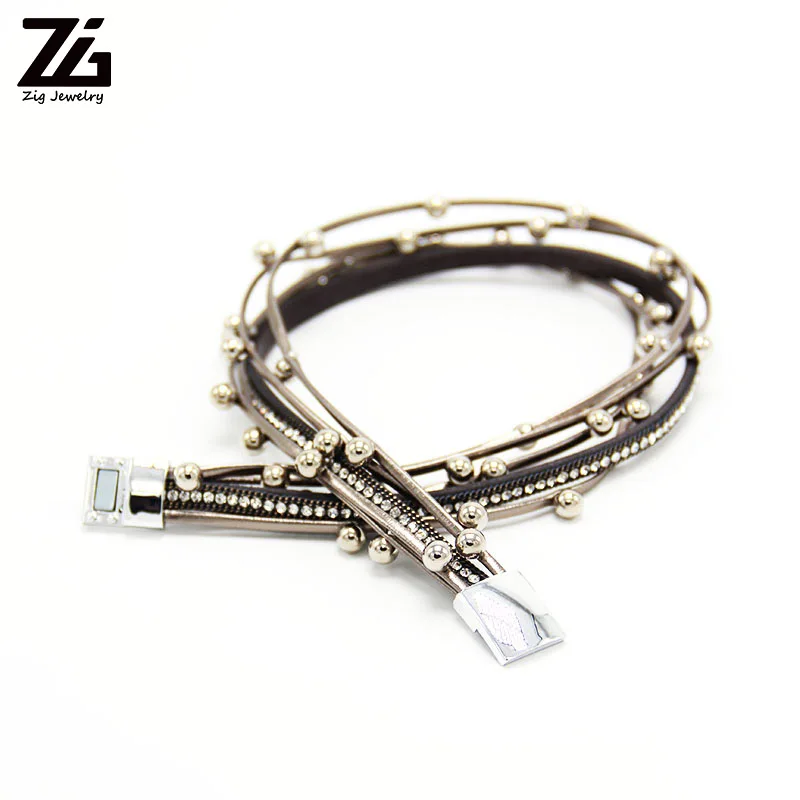 ZG Multilayer Leather Bracelets for Women Femme Crystal Metal Beads Charm Bohemian Style Bracelet Female Jewelry - Окраска металла: grey