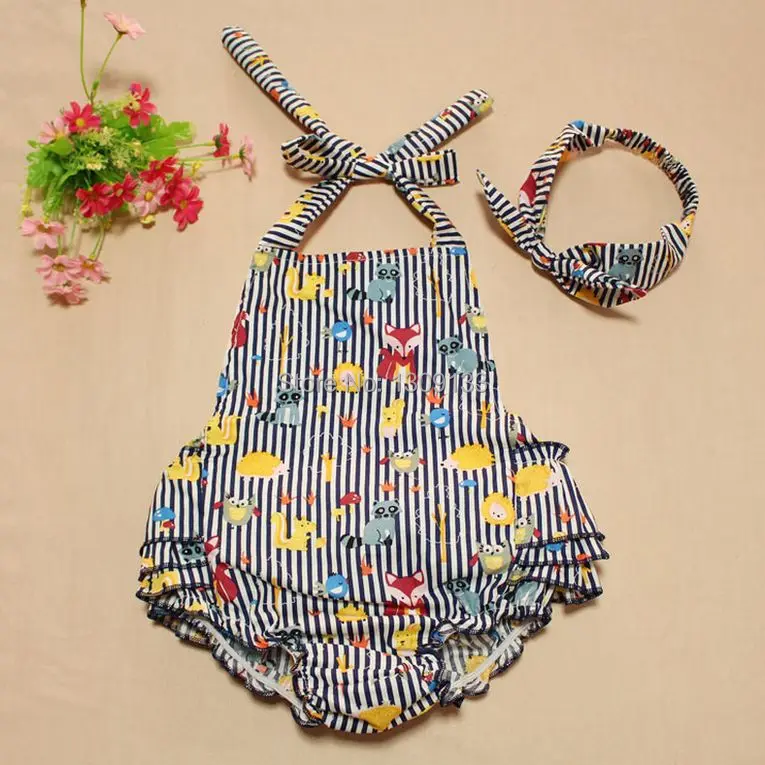 

Strip Girls Cotton Baby Romper with Bow Knot Headband Boutique Baby Outfit