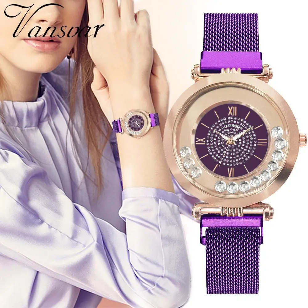 Montre Femme 2019 Роскошные Брендовые женские часы-браслет фиолетовые Мобильные часы со стразами женские кварцевые магнитные наручные часы с