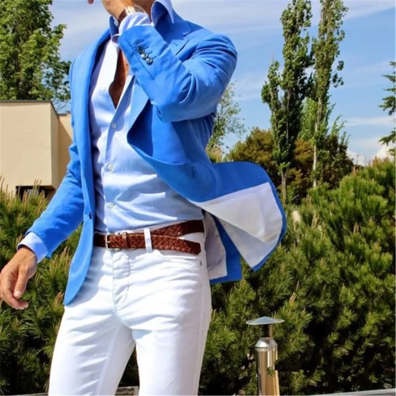 Летний стиль на заказ королевский синий пиджак белый брючный костюм Блейзер для мужчин смокинг под заказ Мужские свадебные костюмы 2 шт.(пиджак+ брюки - Цвет: as the image